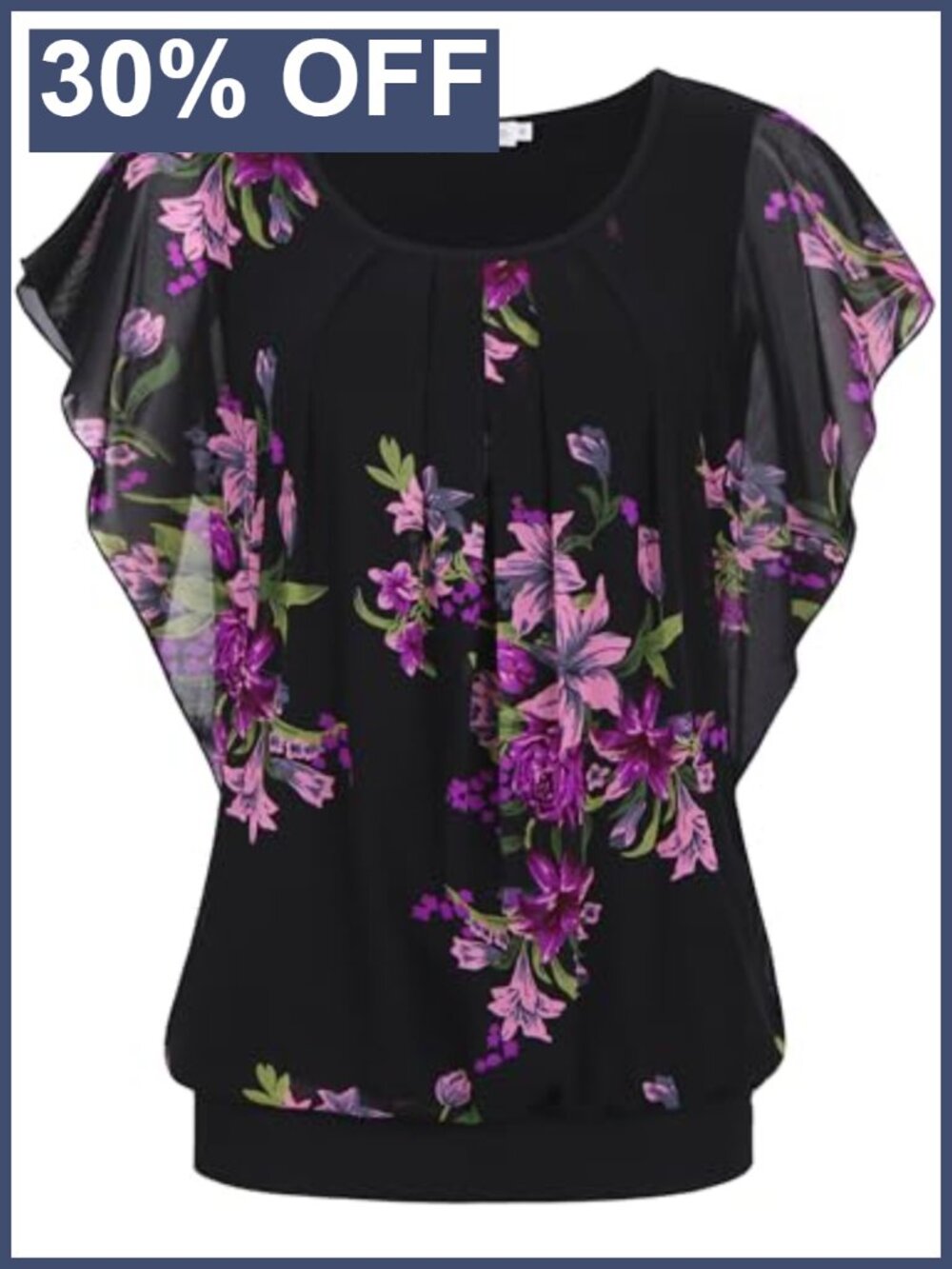 Womens Summer Blouse Flutter Short Sleeve Pleated Mesh Dressy Casual Top